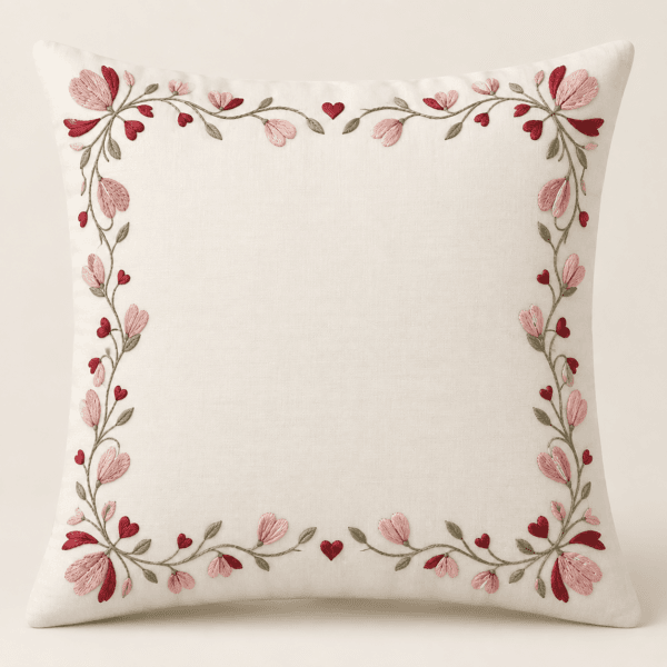 Petal Border Decorative Pillow Cover in warm white, blush and cherry — design visualization