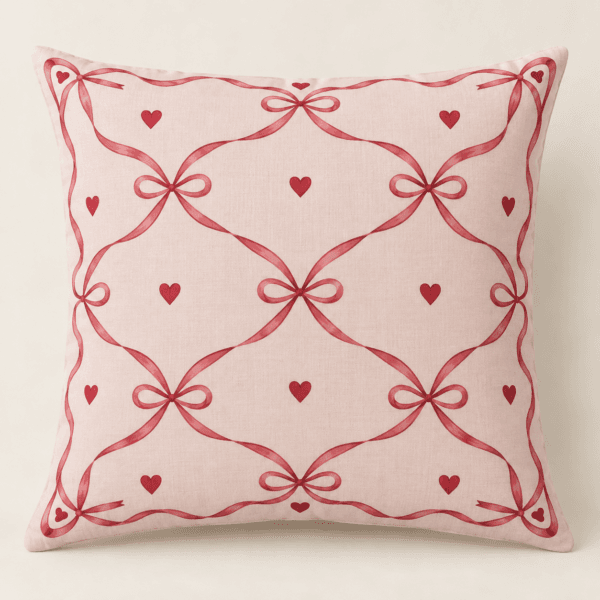 Cherry Ribbon Decorative Pillow Cover in pale pink and deep red — design visualization