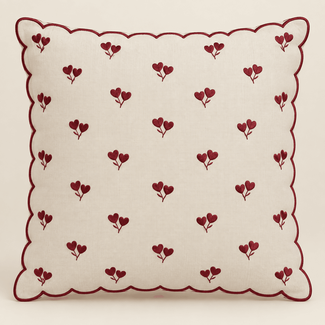 Berry Scallop Decorative Pillow Cover in ivory and burgundy — design visualization
