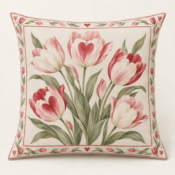 Tulip Valentine Decorative Pillow Cover in cream, pink, red and sage — design visualization