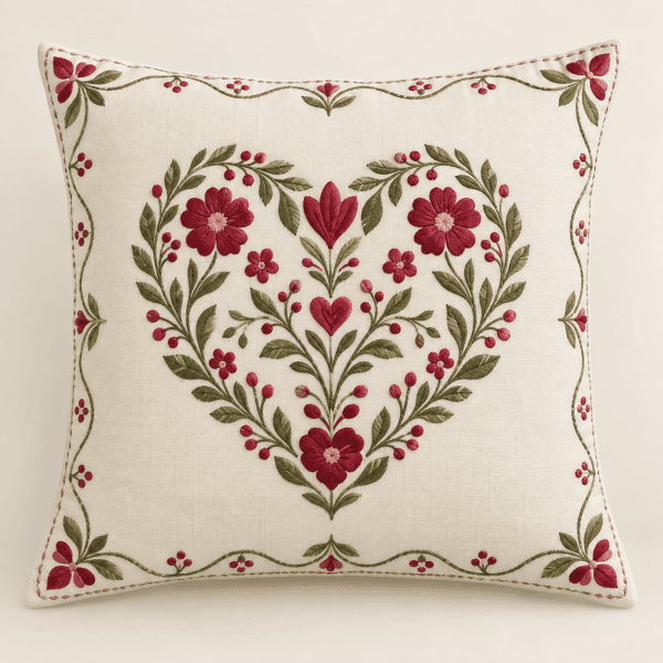 Botanical Heart Medallion Decorative Pillow Cover in ivory, raspberry and olive — design visualization