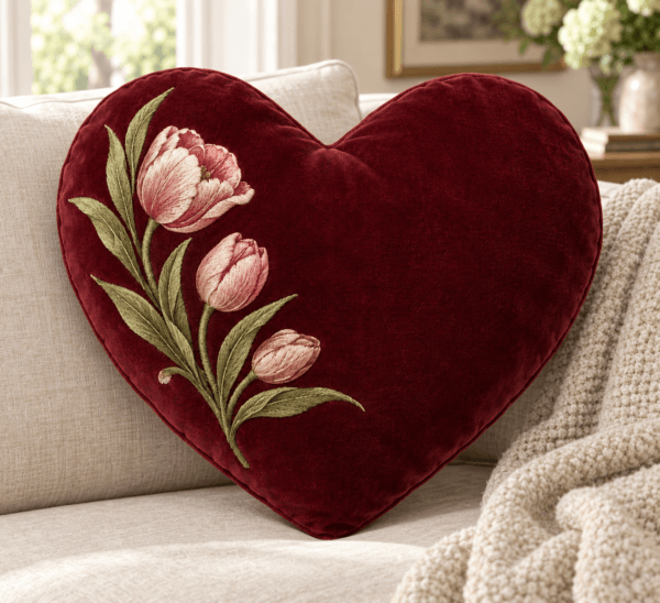 Petal Heart — Decorative Pillows in wine velvet, blush, olive in a styled setting — design visualization