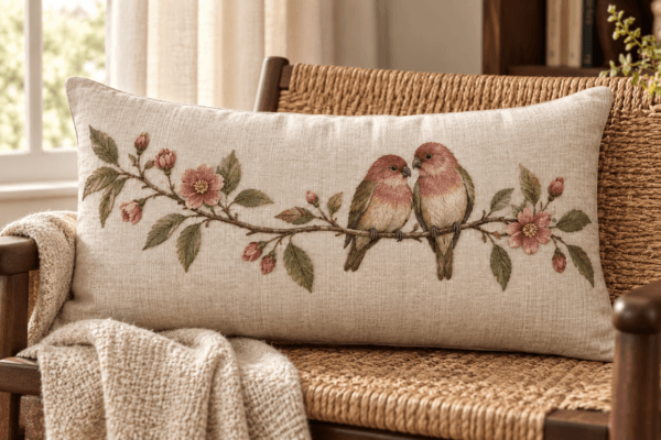 Lovebirds Branch — Decorative Pillows in rose, brick, olive, natural linen in a styled setting — design visualization