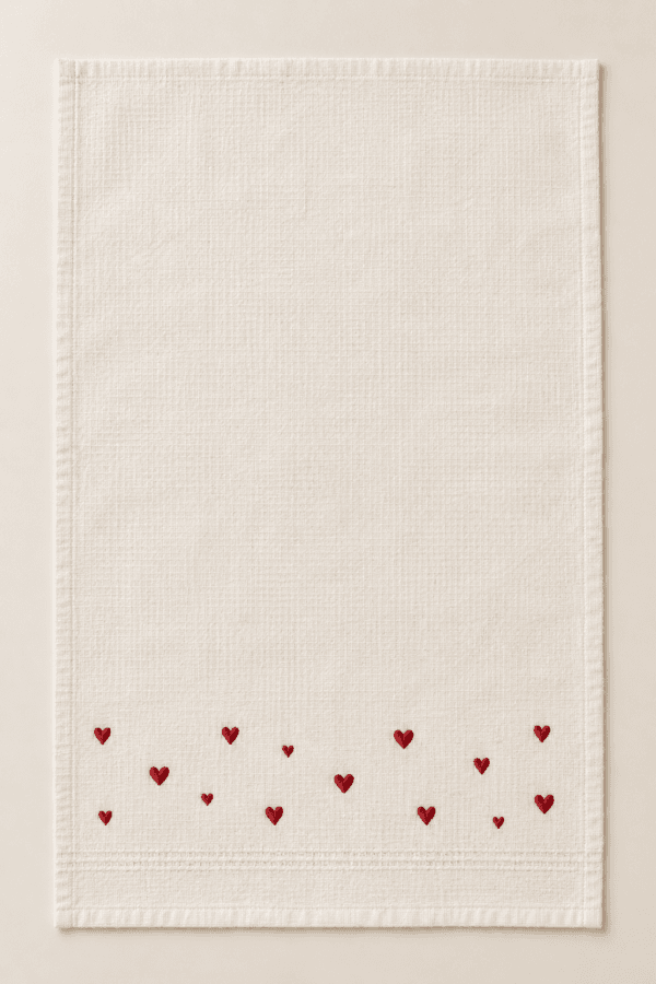 Little Hearts Kitchen Towel in ivory and cherry red — design visualization