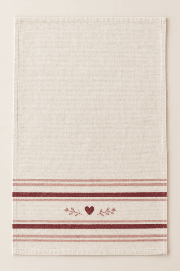 Love Letter Stripe Kitchen Towel in cream, dusty rose and burgundy — design visualization