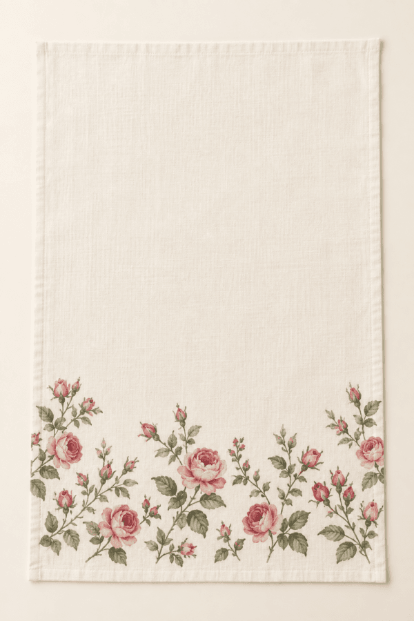 Rose Garden Kitchen Towel in ivory, rose and sage — design visualization