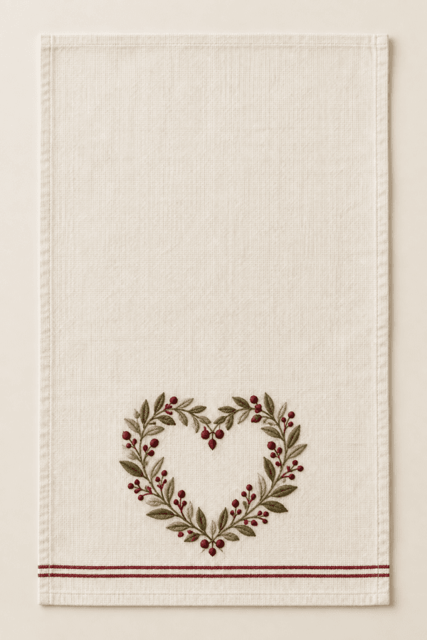 Heart Wreath Kitchen Towel in ivory, wine and olive — design visualization