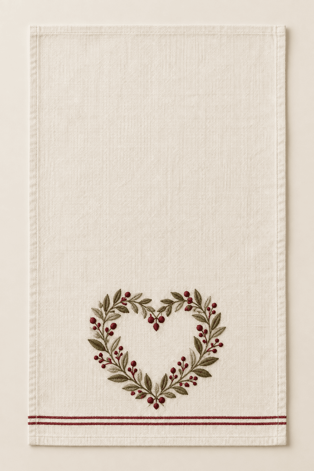 Heart Wreath Kitchen Towel in ivory, wine and olive — design visualization