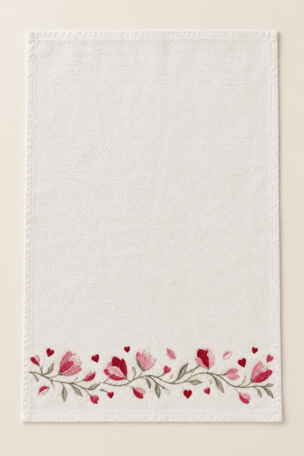 Petal Border Kitchen Towel in warm white, blush and cherry — design visualization