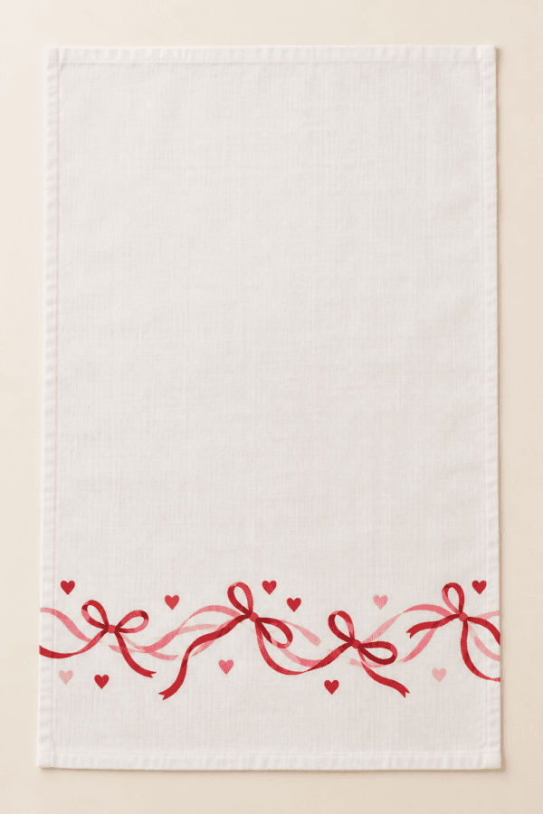 Cherry Ribbon Kitchen Towel in pale pink and deep red — design visualization