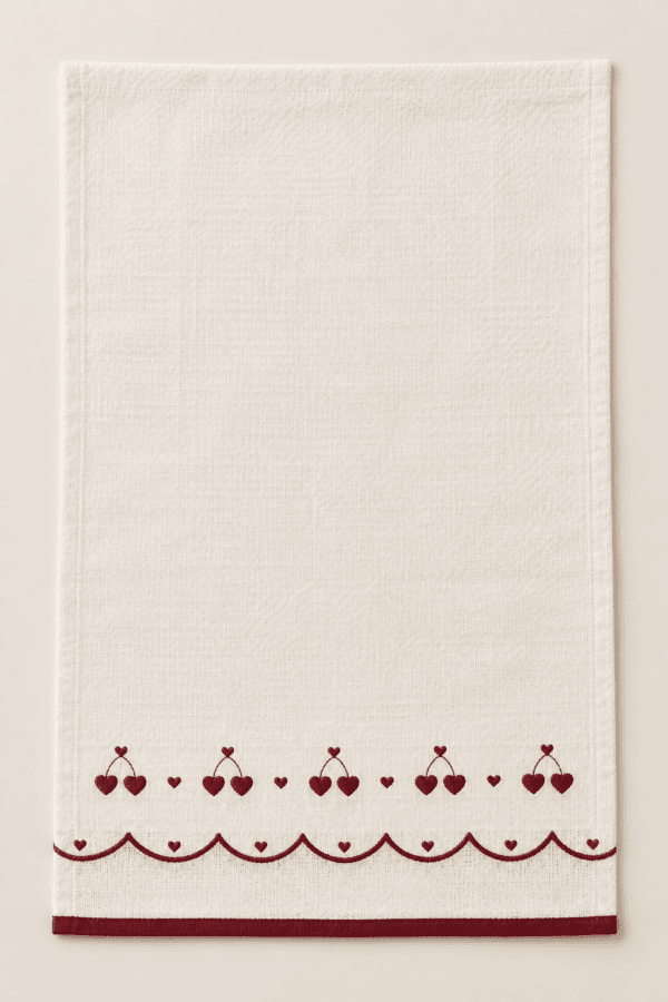 Berry Scallop Kitchen Towel in ivory and burgundy — design visualization