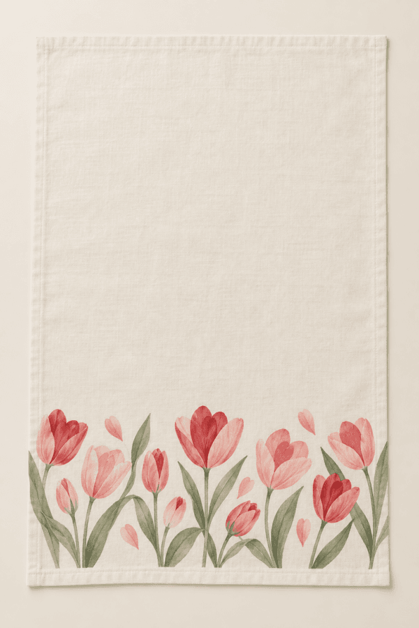 Tulip Valentine Kitchen Towel in cream, pink, red and sage — design visualization