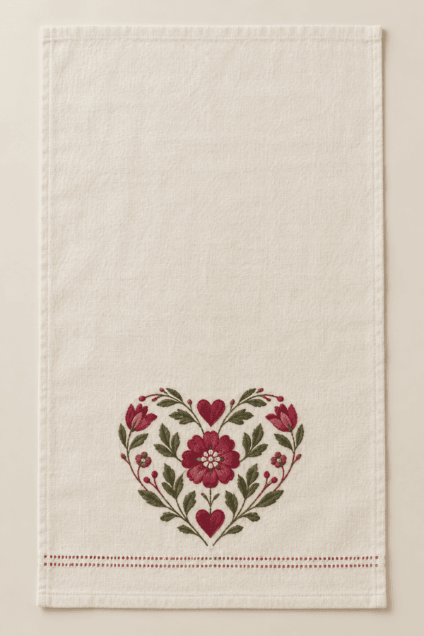 Botanical Heart Medallion Kitchen Towel in ivory, raspberry and olive — design visualization