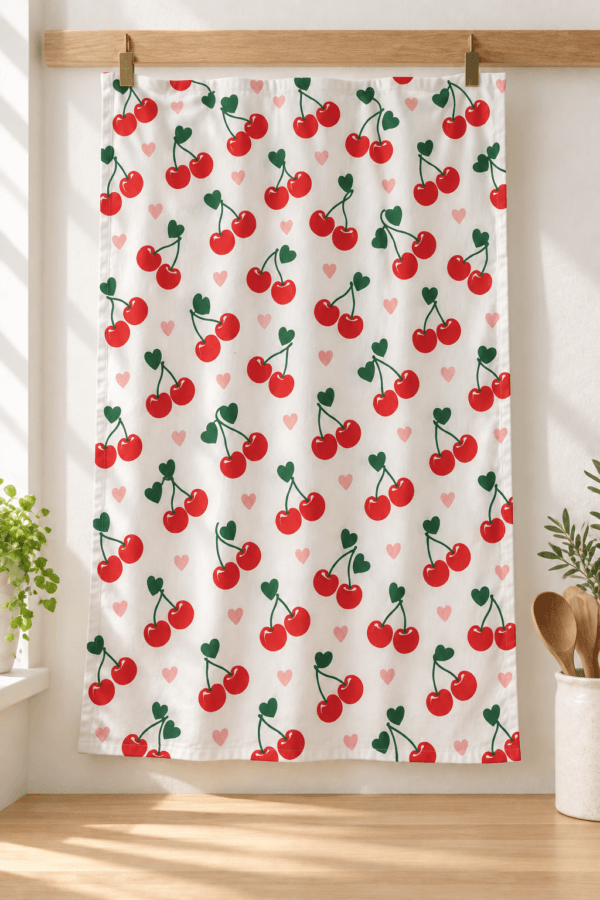 Cherry Kisses — Kitchen Towels in cherry red, bottle green, pale pink in a styled setting — design visualization