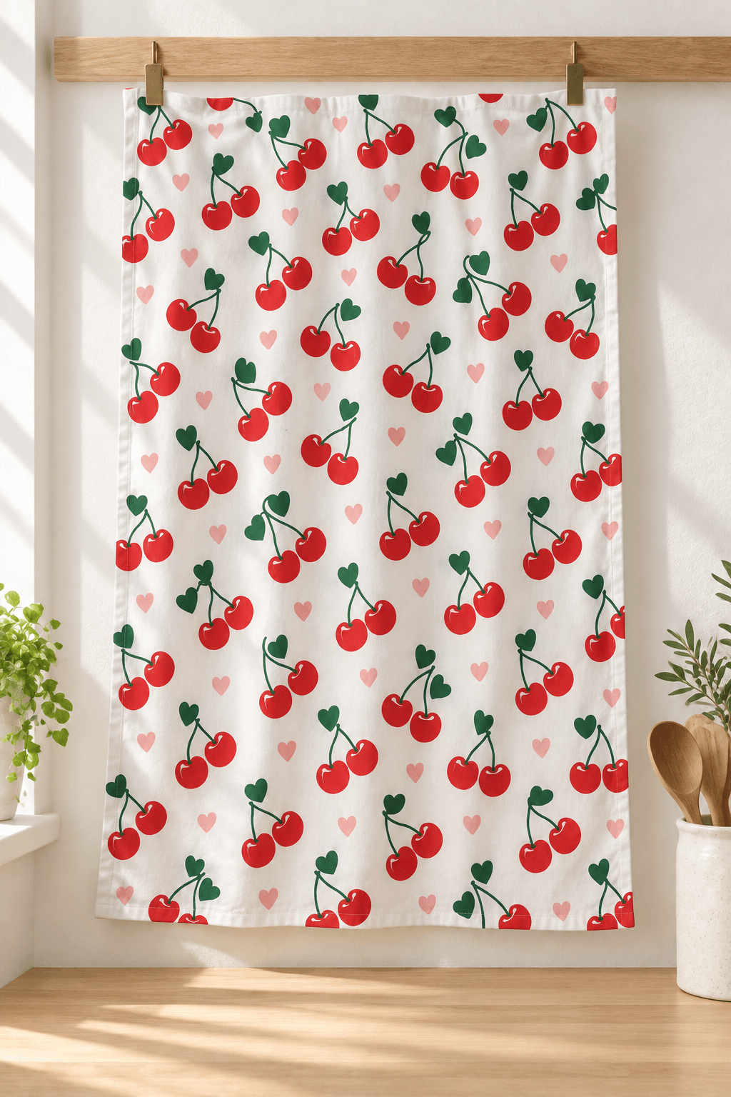 Cherry Kisses — Kitchen Towels in cherry red, bottle green, pale pink in a styled setting — design visualization