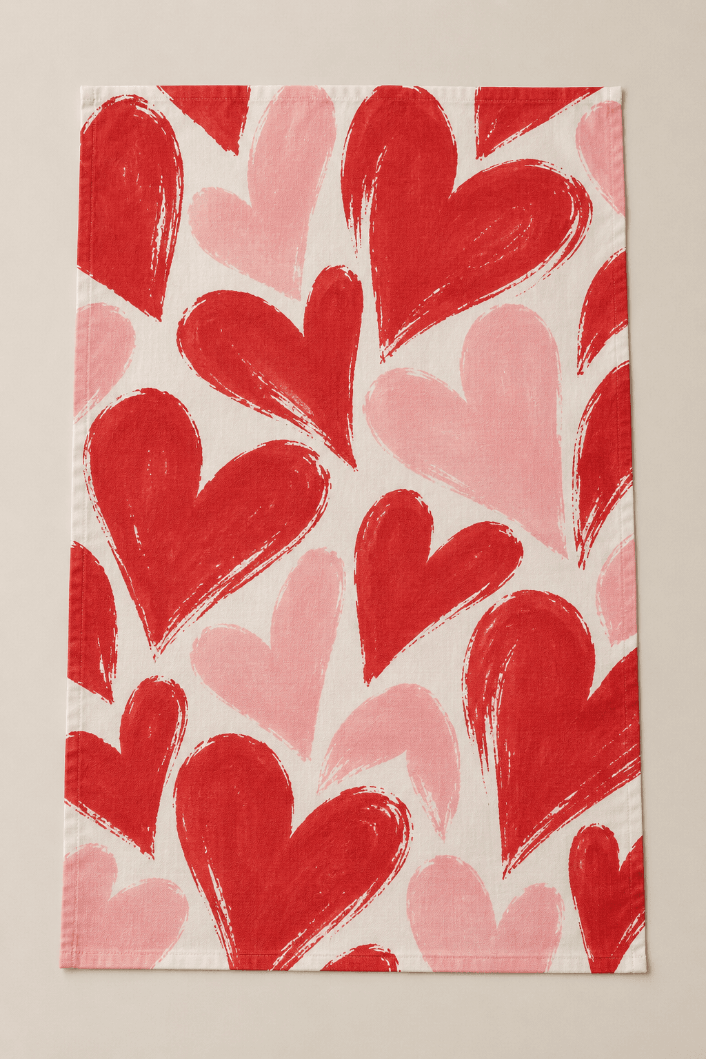 Hearts in Motion — Kitchen Towels in red, pale pink, warm white — design visualization
