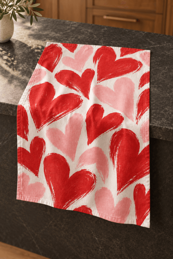 Hearts in Motion — Kitchen Towels in red, pale pink, warm white in a styled setting — design visualization
