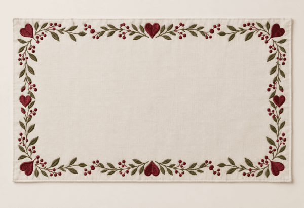 Heart Wreath Placemat in ivory, wine and olive — design visualization