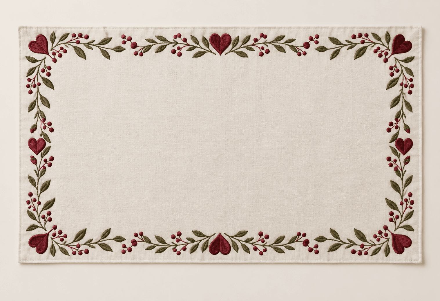 Heart Wreath Placemat in ivory, wine and olive — design visualization