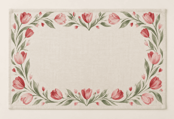 Tulip Valentine Placemat in cream, pink, red and sage — design visualization