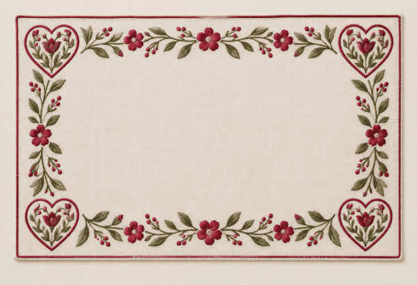 Botanical Heart Medallion Placemat in ivory, raspberry and olive — design visualization