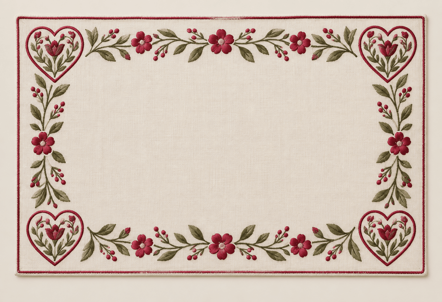 Botanical Heart Medallion Placemat in ivory, raspberry and olive — design visualization