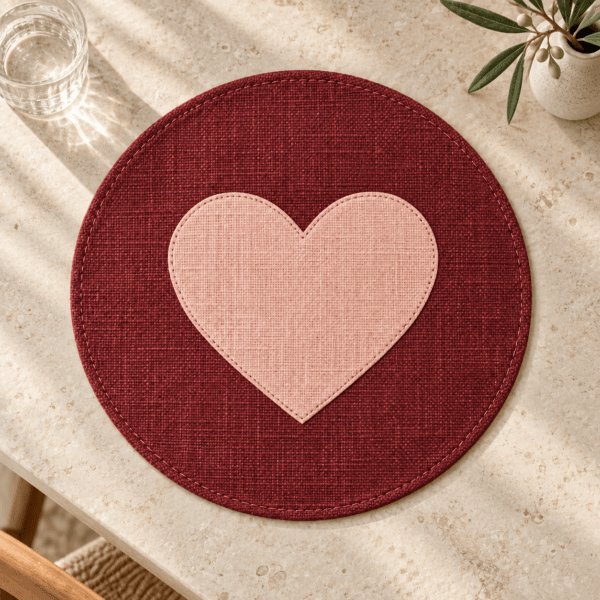 One Sweet Heart — Placemats in oxblood, blush in a styled setting — design visualization