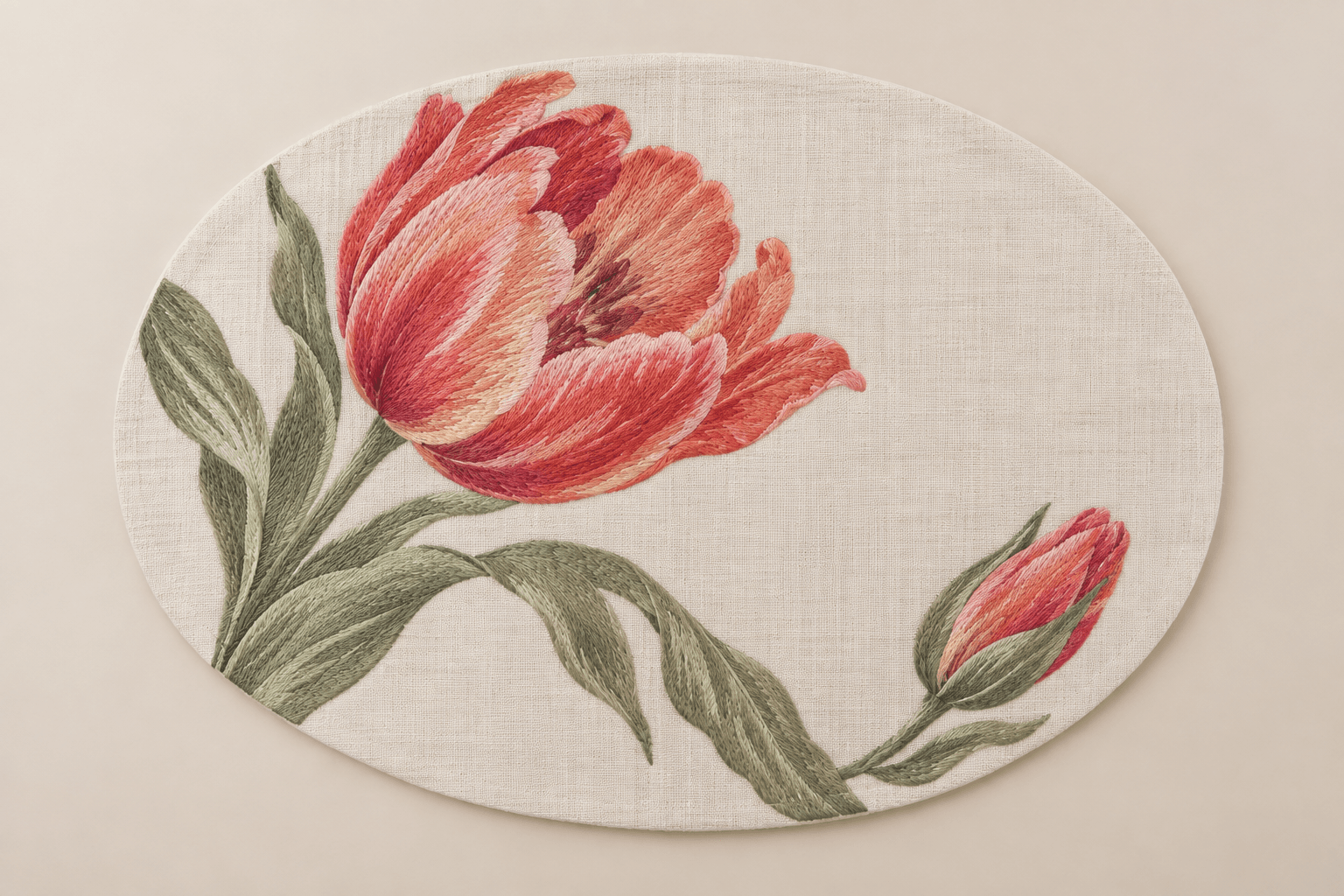 Tulip Diagonal — Placemats in coral, raspberry, sage, cream — design visualization
