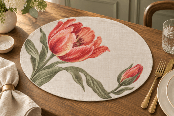 Tulip Diagonal — Placemats in coral, raspberry, sage, cream in a styled setting — design visualization