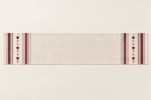 Love Letter Stripe Table Runner in cream, dusty rose and burgundy — design visualization