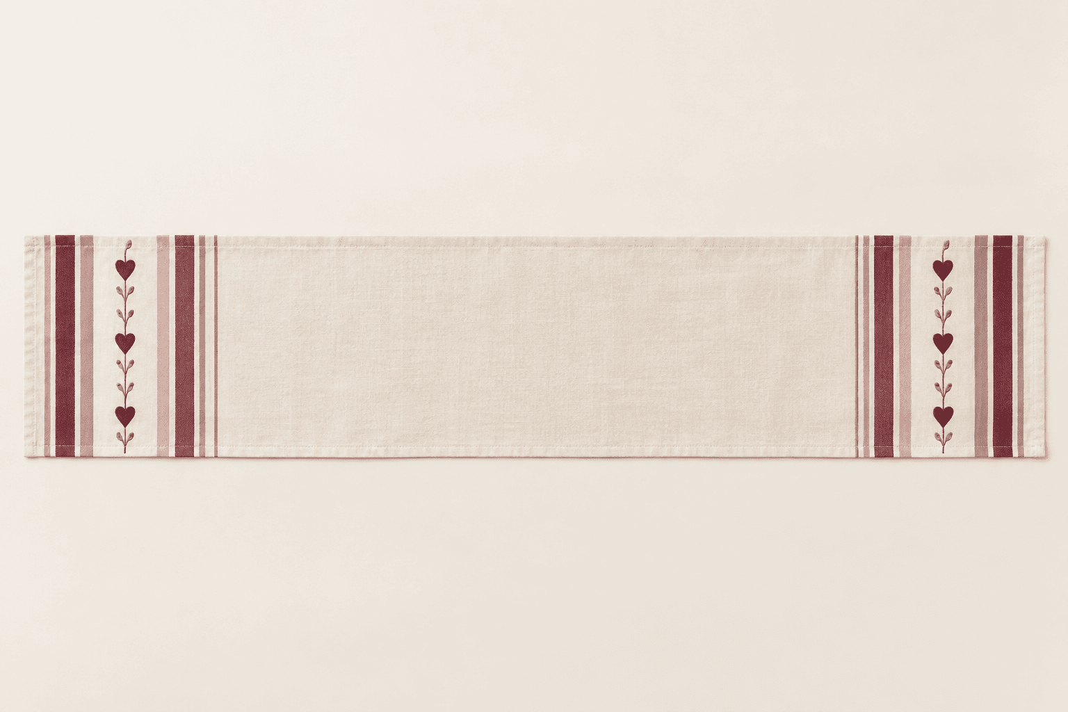 Love Letter Stripe Table Runner in cream, dusty rose and burgundy — design visualization