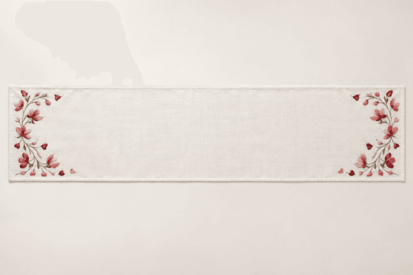 Petal Border Table Runner in warm white, blush and cherry — design visualization
