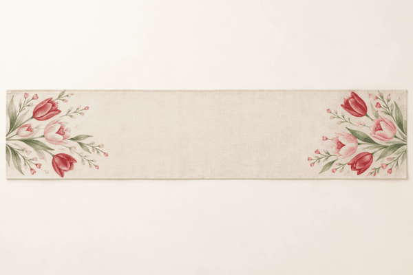 Tulip Valentine Table Runner in cream, pink, red and sage — design visualization