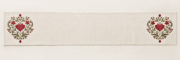 Botanical Heart Medallion Table Runner in ivory, raspberry and olive — design visualization