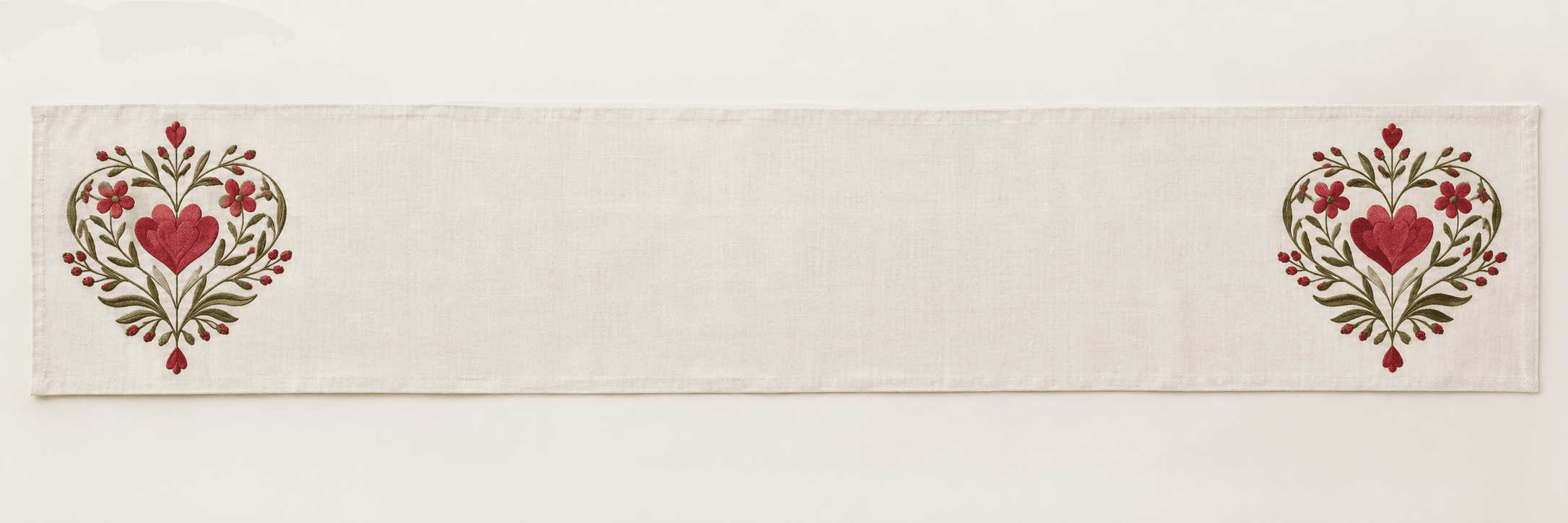 Botanical Heart Medallion Table Runner in ivory, raspberry and olive — design visualization