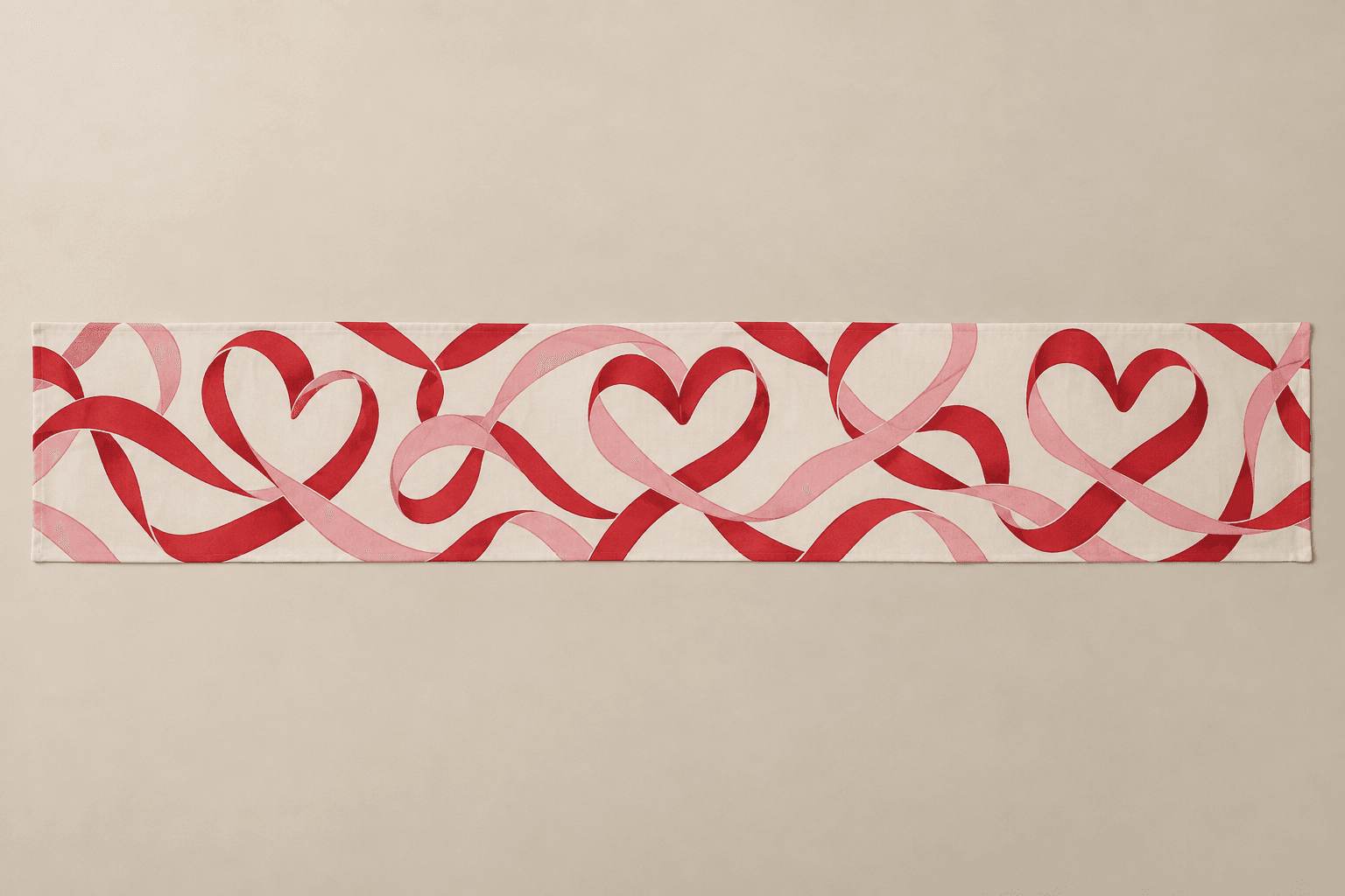 Ribbon Reverie — Table Runners in cherry red, soft pink, cream — design visualization