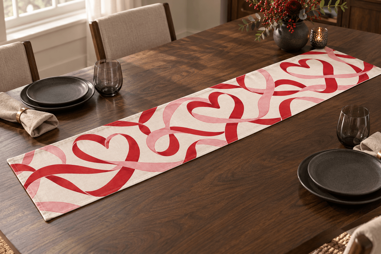 Ribbon Reverie — Table Runners in cherry red, soft pink, cream in a styled setting — design visualization