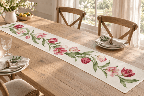 Garden Love Letter — Table Runners in raspberry, blush, leaf green, ivory in a styled setting — design visualization